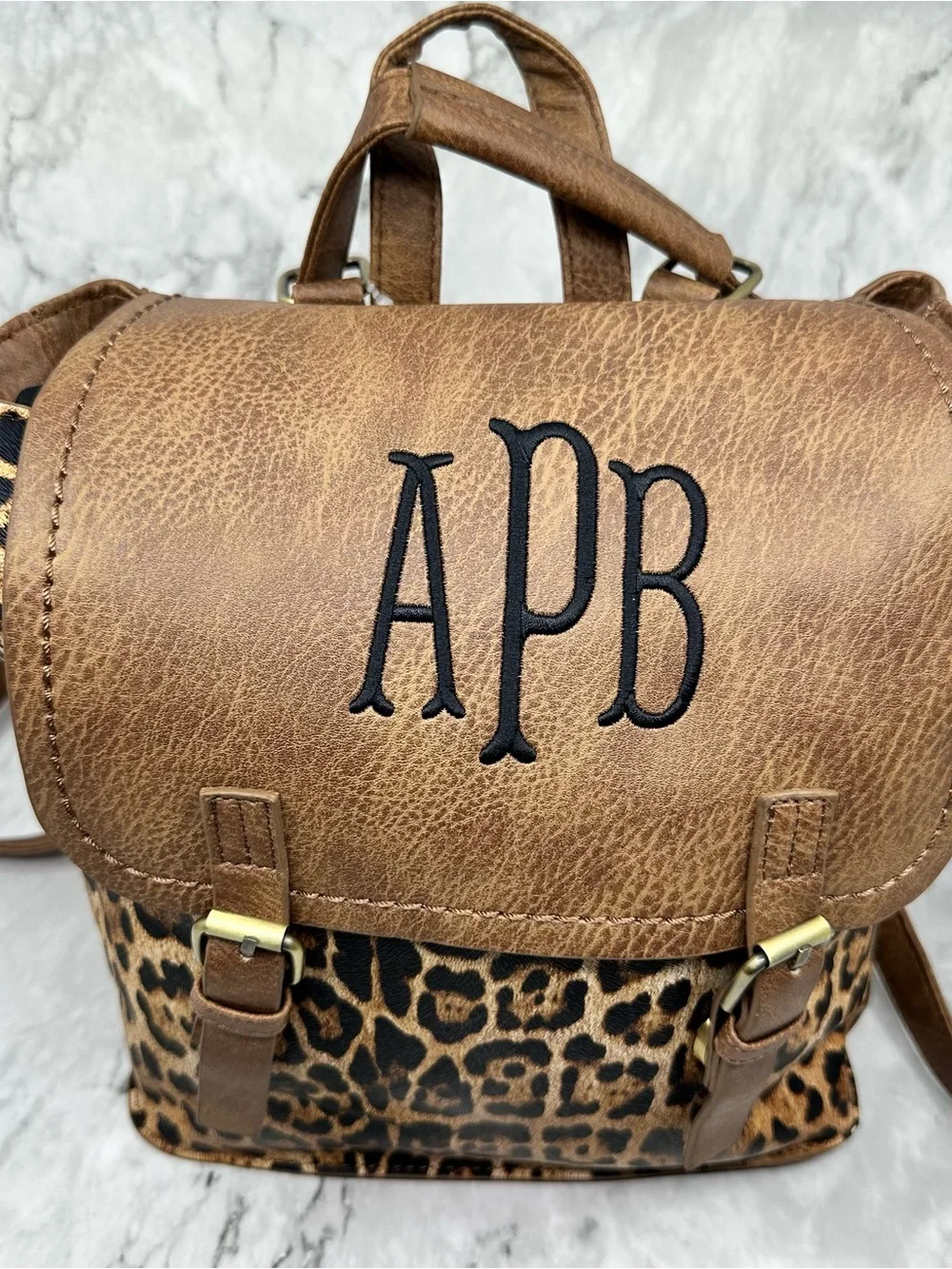 Brown Leopard Print Mini Backpack with Monogram Accent